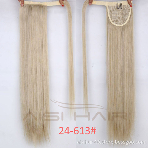 Aisi Hair Long Silky Straight Heat Resistant Fiber Synthetic Hair Piece Wrap Around Ponytail Extensions for Women
